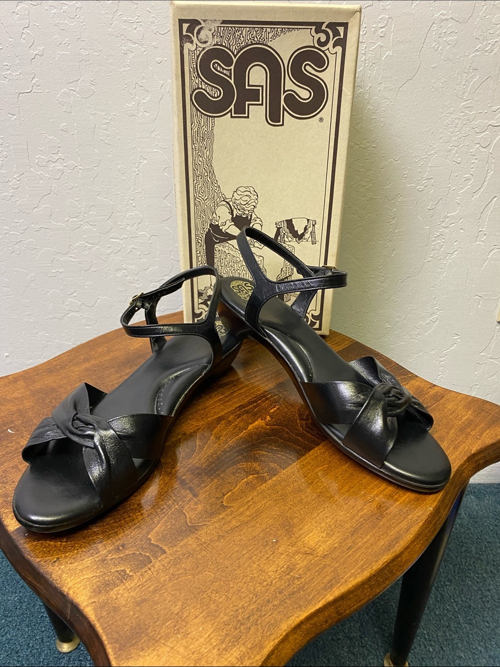 SAS Black Leather Knot-Front Ankle-Strap Sandals